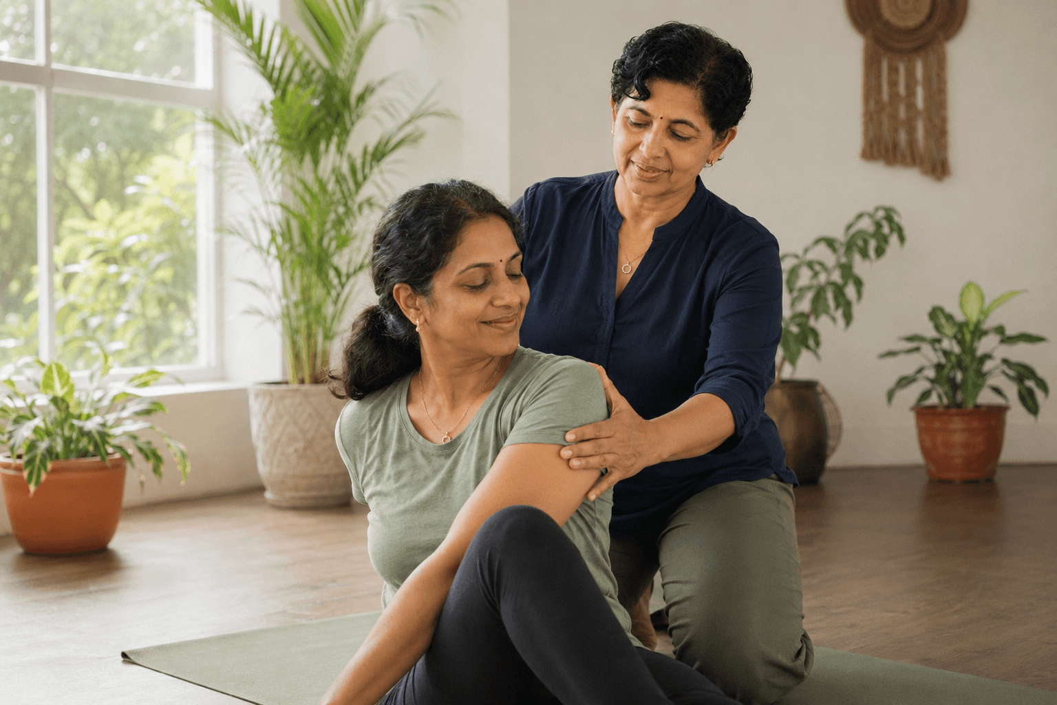 Dr. Uma gently guiding a seated student